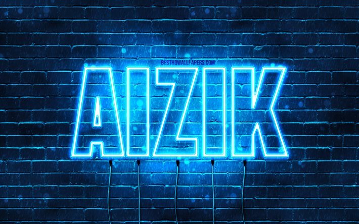 Aizik, 4k, pap&#233;is de parede com nomes, nome de Aizik, luzes de n&#233;on azuis, feliz anivers&#225;rio Aizik, nomes masculinos &#225;rabes populares, imagem com o nome de Aizik
