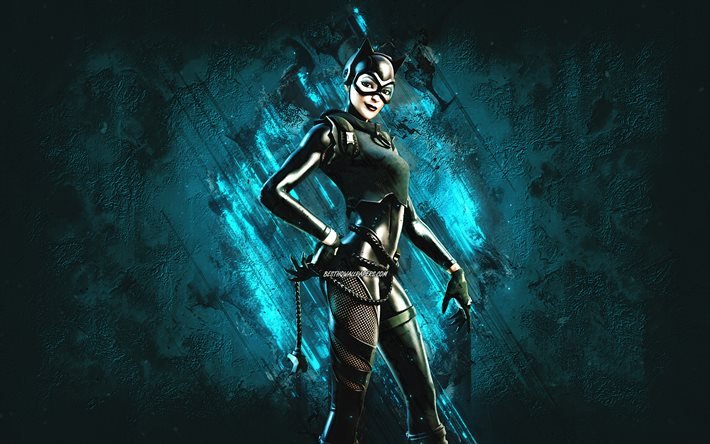 Fortnite Catwoman Zero Skin, Fortnite, personagens principais, fundo de pedra azul, Catwoman Zero, Fortnite skins, Catwoman Zero Skin, Catwoman Zero Fortnite, personagens Fortnite