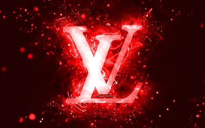 Louis Vuitton logo rosso, 4k, luci al neon rosse, creativo, sfondo astratto rosso, logo Louis Vuitton, marchi di moda, Louis Vuitton