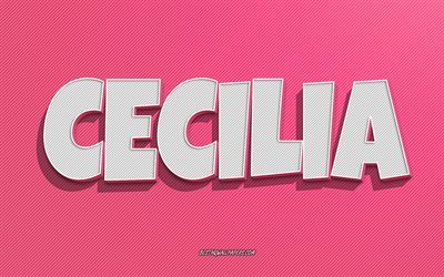 Cecilia, sfondo a righe rosa, sfondi con nomi, nome Cecilia, nomi femminili, biglietto di auguri Cecilia, line art, foto con nome Cecilia
