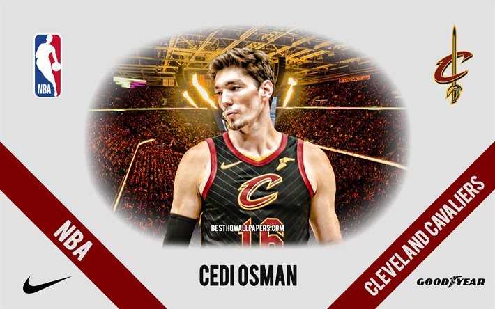 Cedi Osman, Cleveland Cavaliers, joueur de basket-ball turc, NBA, portrait, USA, basket-ball, Rocket Mortgage FieldHouse, logo Cleveland Cavaliers
