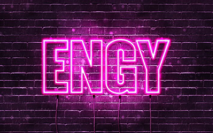 Engy, 4k, wallpapers with names, female names, Engy name, purple neon lights, Happy Birthday Engy, popular arabic female names, picture with Engy name