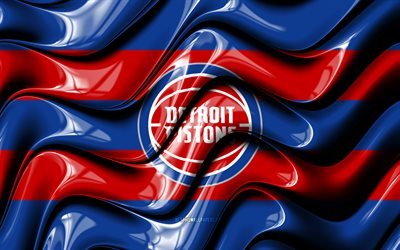 Detroit Pistons bayrağı, 4k, mavi ve kırmızı 3D dalgalar, NBA, Amerikan basketbol takımı, Detroit Pistons logosu, basketbol, Detroit Pistons