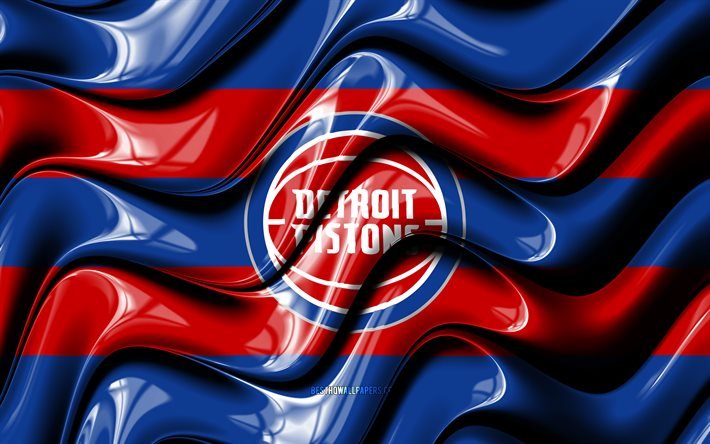 Drapeau Detroit Pistons, 4k, vagues 3D bleues et rouges, NBA, &#233;quipe am&#233;ricaine de basket-ball, logo Detroit Pistons, basket-ball, Detroit Pistons