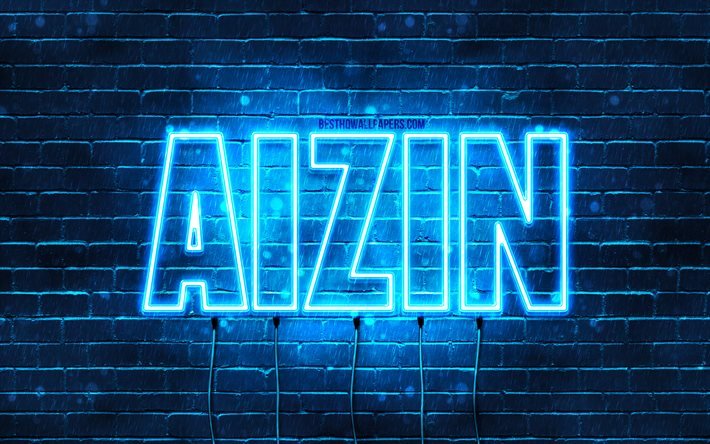 Aizin, 4k, pap&#233;is de parede com nomes, nome de Aizin, luzes de n&#233;on azuis, feliz anivers&#225;rio Aizin, nomes masculinos &#225;rabes populares, imagem com o nome de Aizin