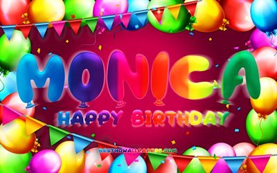 Joyeux anniversaire Monica, 4k, cadre de ballon color&#233;, nom de Monica, fond violet, Monica joyeux anniversaire, anniversaire de Monica, noms f&#233;minins am&#233;ricains populaires, concept d&#39;anniversaire, Monica