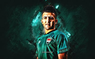 Amjad Attwan, sele&#231;&#227;o iraquiana de futebol, jogador de futebol iraquiano, fundo de pedra verde, arte grunge, Iraque, futebol