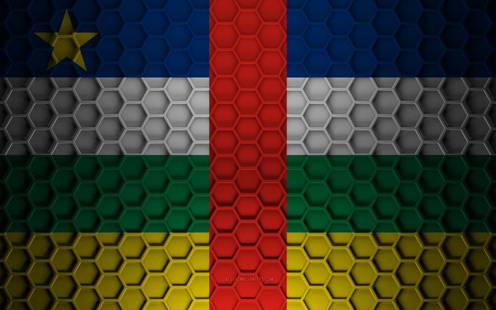 Orta Afrika Cumhuriyeti bayrağı, 3d altıgenler doku, Orta Afrika Cumhuriyeti, 3d doku, Orta Afrika Cumhuriyeti 3d bayrak, metal doku, bayrak
