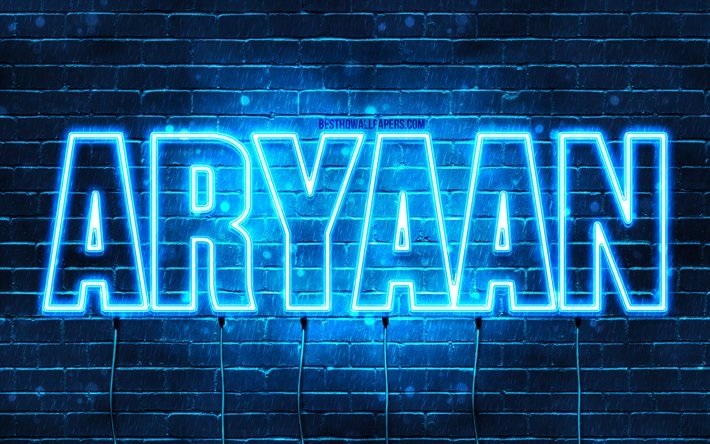 Aryaan, 4k, pap&#233;is de parede com nomes, nome Aryaan, luzes de n&#233;on azuis, Feliz Anivers&#225;rio Aryaan, nomes masculinos &#225;rabes populares, imagem com o nome Aryaan