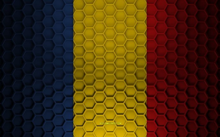 Drapeau du Tchad, texture des hexagones 3d, Tchad, texture 3d, drapeau du Tchad 3d, texture en m&#233;tal, drapeau du Tchad