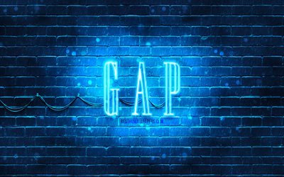 GAP logo blu, 4k, muro di mattoni blu, logo GAP, marchi di moda, logo neon GAP, GAP
