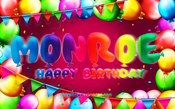 Buon compleanno Monroe, 4k, cornice di palloncini colorati, nome Monroe, sfondo viola, buon compleanno Monroe, compleanno Monroe, nomi femminili americani popolari, concetto di compleanno, Monroe