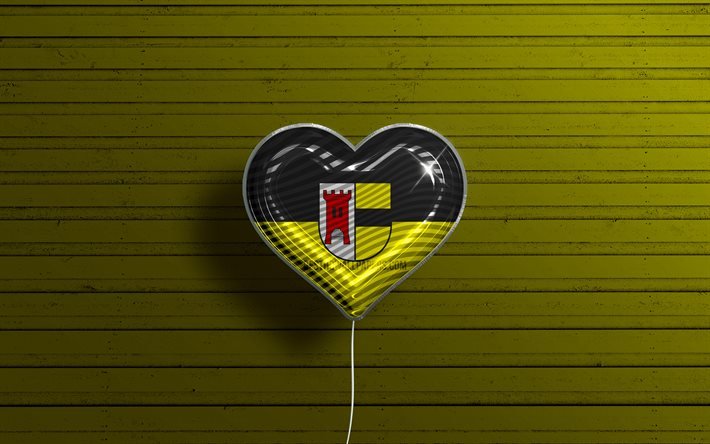 I Love Moers, 4k, realistic balloons, yellow wooden background, german cities, flag of Moers, Germany, balloon with flag, Moers flag, Moers, Day of Moers