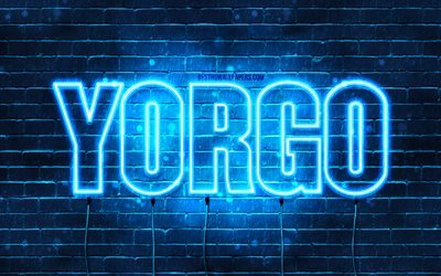 Yorgo, 4k, pap&#233;is de parede com nomes, nome Yorgo, luzes de n&#233;on azuis, Feliz Anivers&#225;rio Yorgo, nomes masculinos &#225;rabes populares, foto com o nome Yorgo