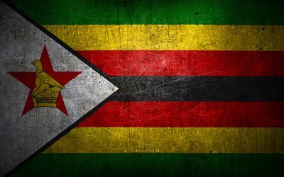 Drapeau zimbabw&#233;en en m&#233;tal, art grunge, pays africains, jour du Zimbabwe, symboles nationaux, drapeau du Zimbabwe, drapeaux en m&#233;tal, Afrique, drapeau zimbabw&#233;en, Zimbabwe