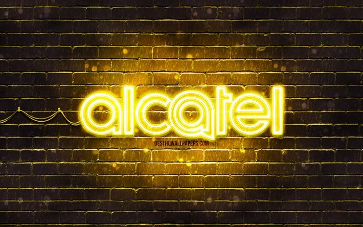 Alcatel logo giallo, 4k, brickwall giallo, logo Alcatel, marchi, logo Alcatel neon, Alcatel