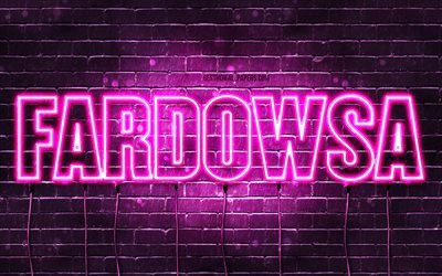 Fardowsa, 4k, wallpapers with names, female names, Fardowsa name, purple neon lights, Happy Birthday Fardowsa, popular arabic female names, picture with Fardowsa name
