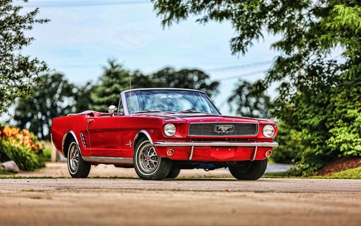 Ford Mustang, 4k, kas arabaları, 1966 arabalar, HDR, eski arabalar, 1966 Ford Mustang, kırmızı cabriolet, Amerikan arabaları, Ford