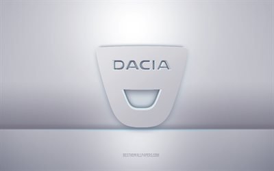 داسيا شعار أبيض ثلاثي الأبعاد, خلفية رمادية, شعار داسيا, الفن الإبداعي 3D, داتشيا, 3d شعار