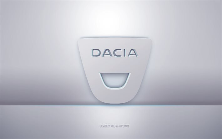 Dacia logo blanc 3d, fond gris, logo Dacia, art 3d cr&#233;atif, Dacia, embl&#232;me 3d