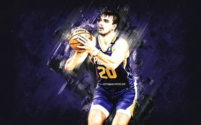 Dario Saric, Phoenix Suns, NBA, Croatian basketball player, purple stone background, basketball, grunge art