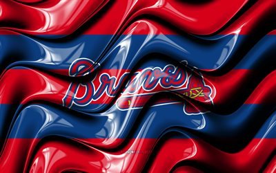 Bandeira do Atlanta Braves, 4k, ondas 3D vermelhas e azuis, MLB, time americano de beisebol, logotipo do Atlanta Braves, beisebol, Atlanta Braves