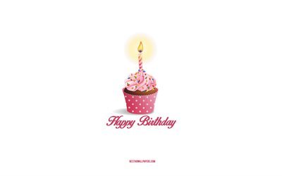 Joyeux anniversaire, 4k, g&#226;teau rose, carte de voeux joyeux anniversaire, mini art, concepts de joyeux anniversaire, fond blanc, g&#226;teau avec bougie