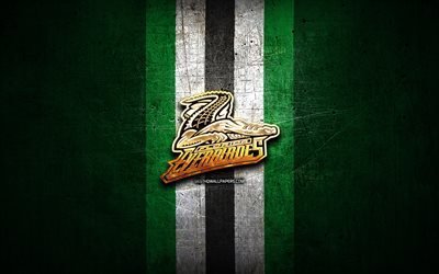 Florida Everblades, logotipo dourado, ECHL, fundo de metal verde, time americano de h&#243;quei, logotipo do Florida Everblades, h&#243;quei