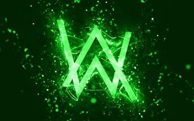 Alan Walker yeşil logo, 4k, Norve&#231;li DJ&#39;ler, yeşil neon ışıklar, yaratıcı, yeşil soyut arka plan, Alan Olav Walker, Alan Walker logo, m&#252;zik yıldızları, Alan Walker