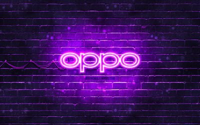 Logo Oppo viola, 4k, muro di mattoni viola, logo Oppo, marchi, logo Oppo neon, Oppo