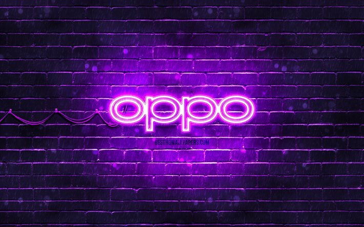 Logo violet Oppo, 4k, mur de briques violet, logo Oppo, marques, logo n&#233;on Oppo, Oppo