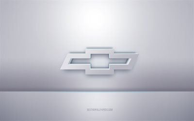 شيفروليه شعار أبيض ثلاثي الأبعاد, خلفية رمادية, شعار شيفروليه, الفن الإبداعي 3D, شيفروليه, 3d شعار
