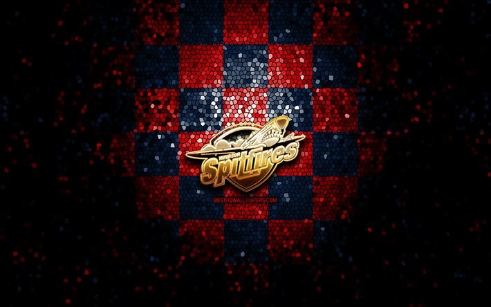 Windsor Spitfires, glitterlogotyp, OHL, bl&#229;r&#246;d rutig bakgrund, hockey, kanadensiskt hockeylag, Windsor Spitfires-logotyp, mosaikkonst, Kanada