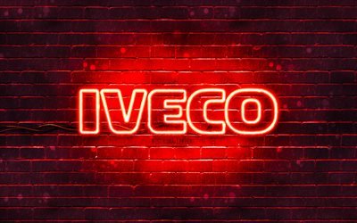 Logo Iveco rosso, 4k, muro di mattoni rosso, logo Iveco, marche di automobili, logo neon Iveco, Iveco