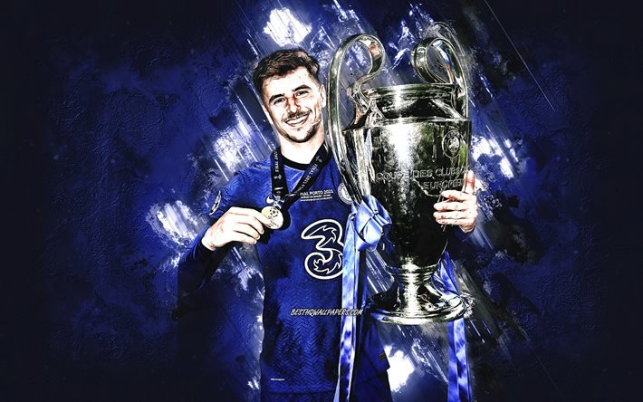Mason Mount, Chelsea FC, coupe de la Ligue des Champions, footballeur anglais, fond de pierre bleue, football, art grunge