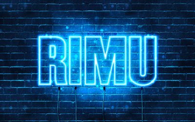 Rimu, 4k, fonds d&#39;&#233;cran avec des noms, nom Rimu, n&#233;ons bleus, joyeux anniversaire Rimu, noms masculins arabes populaires, photo avec nom Rimu