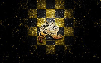 Sarnia Sting, glitter-logo, OHL, keltainen musta ruutuinen tausta, j&#228;&#228;kiekko, kanadalainen j&#228;&#228;kiekkojoukkue, Sarnia Sting-logo, mosaiikkitaide, Kanada