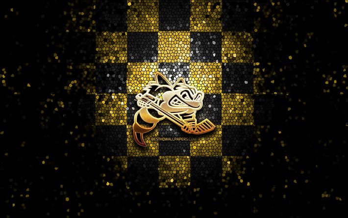 Sarnia Sting, glitterlogotyp, OHL, gul svart rutig bakgrund, hockey, kanadensiskt hockeylag, Sarnia Sting-logotyp, mosaikkonst, Kanada