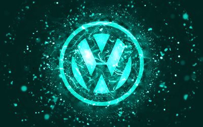 Volkswagen turchese logo, 4k, luci al neon turchesi, creativo, turchese sfondo astratto, logo Volkswagen, marche di automobili, Volkswagen