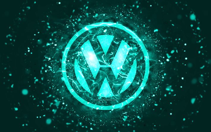 Volkswagen turkuaz logo, 4k, turkuaz neon ışıklar, yaratıcı, turkuaz soyut arka plan, Volkswagen logosu, otomobil markaları, Volkswagen