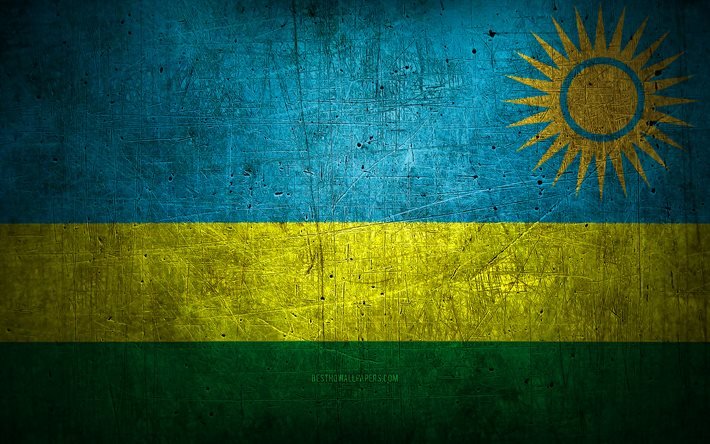 Rwandas metallflagga, grungekonst, afrikanska l&#228;nder, Rwandas dag, nationella symboler, Rwandas flagga, metallflaggor, Afrika, Rwanda