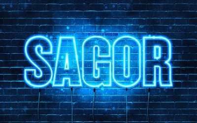 Sagor, 4k, bakgrundsbilder med namn, Sagor namn, bl&#229; neonljus, Grattis p&#229; f&#246;delsedagen Sagor, popul&#228;ra arabiska manliga namn, bild med Sagor namn
