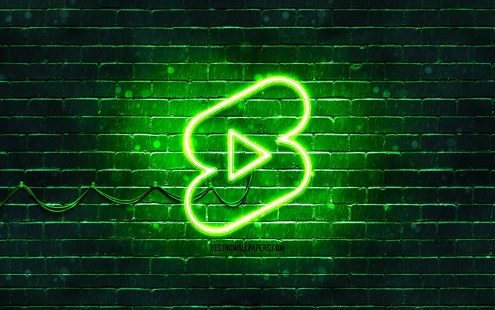 Youtubeショーツグリーンロゴ, 4k, 緑のネオンライト, creative クリエイティブ, 緑の抽象的な背景, Youtubeショーツロゴ, ソーシャルネットワーク, Youtubeショーツ