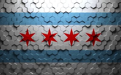 Bandeira de Chicago, arte em favo de mel, bandeira hex&#225;gonos de Chicago, Chicago, arte em hex&#225;gonos 3D, bandeira de Chicago