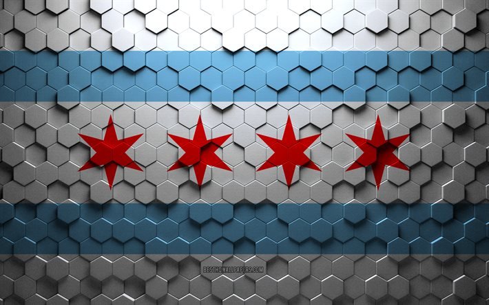 Drapeau de Chicago, art en nid d&#39;abeille, drapeau des hexagones de Chicago, Chicago, art des hexagones 3d, drapeau de Chicago
