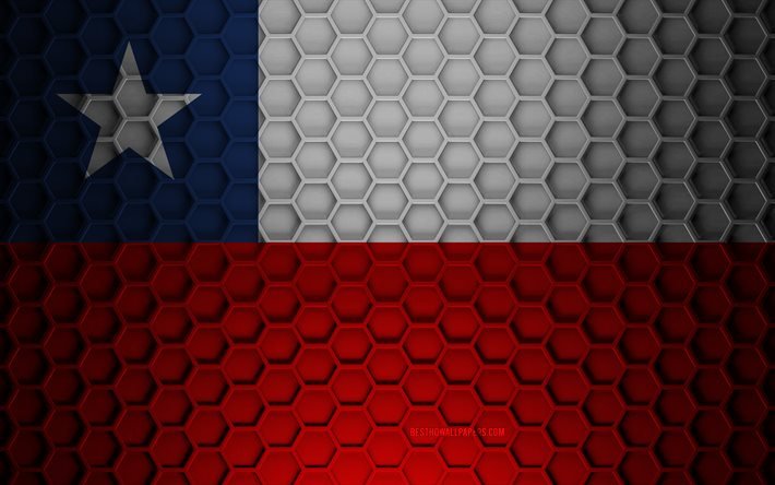 Drapeau du Chili, texture des hexagones 3d, Chili, texture 3d, drapeau du Chili 3d, texture en m&#233;tal, drapeau du Chili