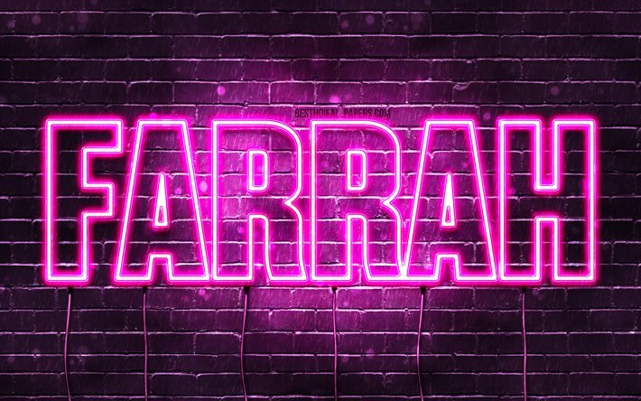 Farrah, 4k, sfondi con nomi, nomi femminili, nome Farrah, luci al neon viola, buon compleanno Farrah, nomi femminili arabi popolari, foto con nome Farrah