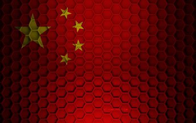 Drapeau de la Chine, texture des hexagones 3d, Chine, texture 3d, drapeau de la Chine 3d, texture en m&#233;tal, drapeau de la Chine