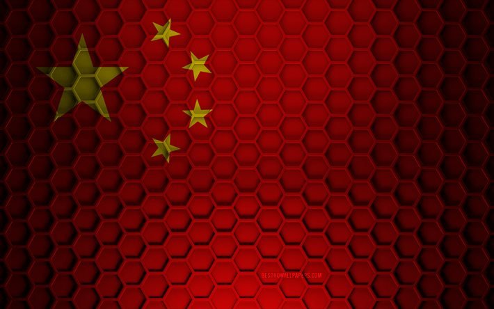 Bandiera della Cina, struttura di esagoni 3d, Cina, struttura 3d, bandiera della Cina 3d, struttura del metallo, bandiera della Cina