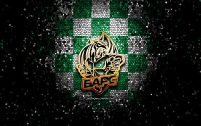 AK Bars Kazan, glitter logo, KHL, green white checkered background, hockey, Kontinental Hockey League, AK Bars Kazan logo, mosaic art, russian hockey team